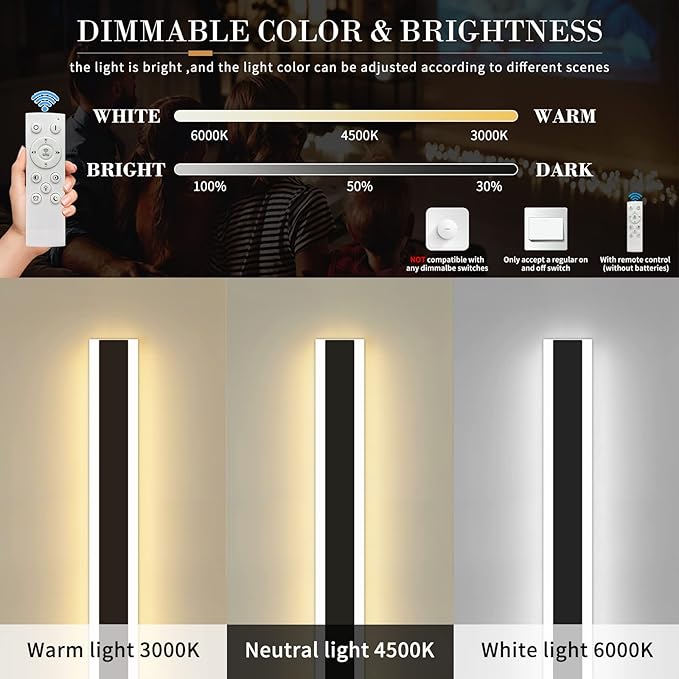 Mikeru Modern Wall Light, 3000k-6000k Dimmable Sconce, 47inch Black Exterior Light With Remote Control, IP65 Waterproof Anti-Rust Linear Long Porch Light Outdoor
