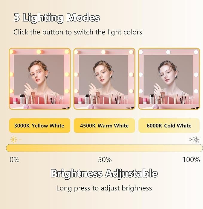 Small Vanity Desk with Mirror and Lights, Makeup Vanity Desk with Adjustable Brightness 3 Light Modes, RGB Storage Cabinet, Power Outlet, Drawer, Shelves (Rose Blush)