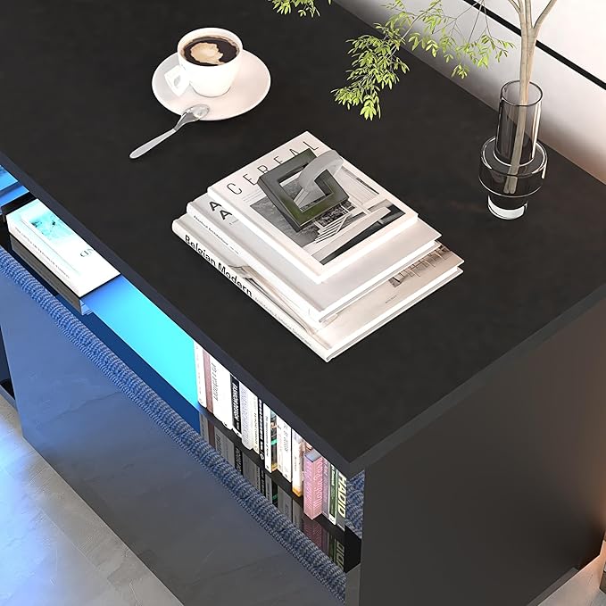 St.Mandyu LED TV Stand for 75/80 inch TV, Modern Television Table Center Media Console with Drawer and Led Lights, High Glossy Entertainment Center for Living Game Room Bedroom(Black)