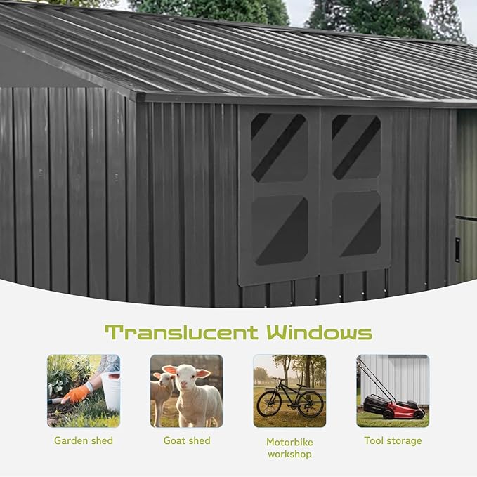 12x10 Ft Storage Shed Outdoor, XL Permanent Steel Building with Window, Sliding Doors and 4 Air Vents for Backyard Garden Patio Lawn - Black