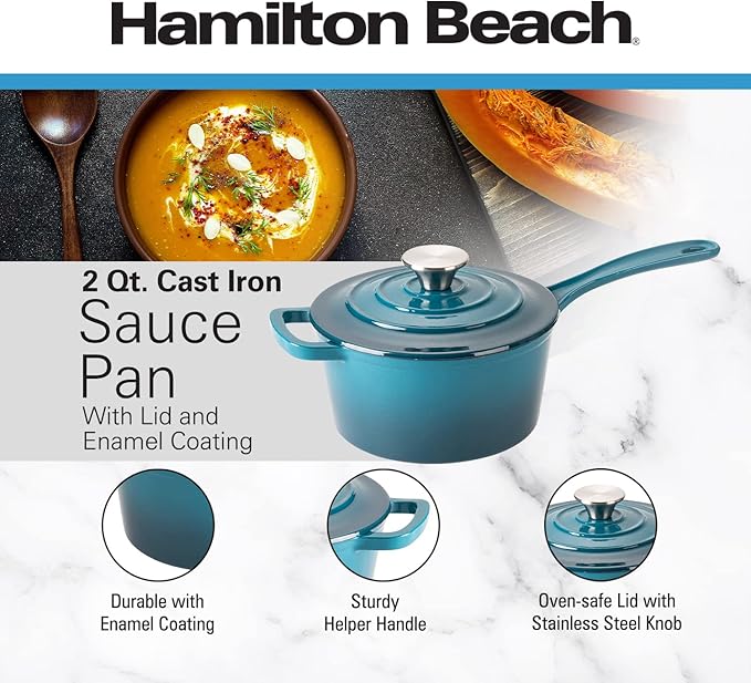 Hamilton Beach Enameled Cast Iron Sauce Pan 2-Quart Navy, Cream Enamel coating, Pot For Stove top and Oven Cooking, Even Heat Distribution, Safe Up to 400 Degrees, Durable