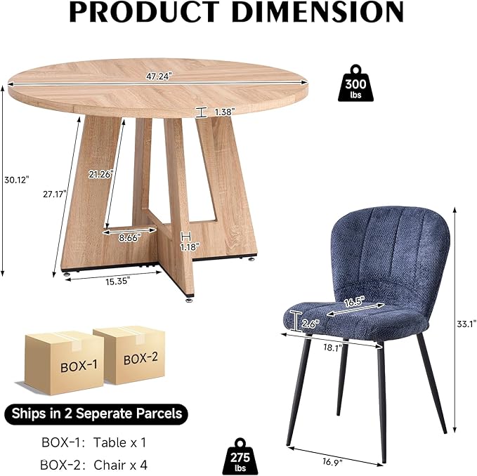 47" Round Dining Room Table Set for 4, [Fanned Base] [1.38" Thick Top] Wood Kitchen Table with 4 Chenille Dining Chairs