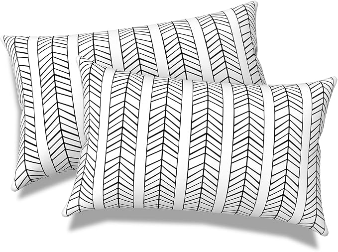 Pack of 2 Outdoor Lumbar Pillow Covers, All Weather Cushion Pillow Cases 12x20 Inch, Pillowcase for Patio Couch Decoration, HerringboneWhite