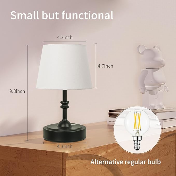 ONEWISH Small Cordless Lamp Dimmable-Battery Operated Table lamp, 4000mAh Rechargeable, Touch Bedside Lamp with White Fabric Shade, 2700K Bulb Included, for Dining, Patio, Bathroom(Black)