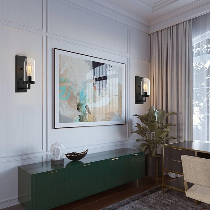 Black Wall Sconces Set of 2, Modern Farmhouse Bathroom Sconces with Clear Glass Shade, Vanity Lights for Bedroom Living Room Bathroom Hallway Stairwell