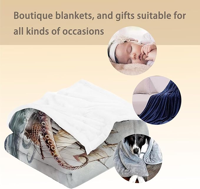 Octopus Nautical Blanket - Ultra Soft, Fluffy, Lightweight Flannel Throw Blankets for Couch, Bed, Travel, Outdoor - Cozy, Fuzzy Animal Home Decor, for Adults Kids Men Boys 80×60 in