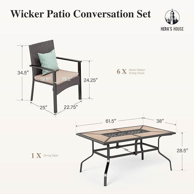 HERA'S HOUSE Patio Dining Sets for 6, Outdoor Rattan Chairs and Wood-Like Table with 1.57" Umbrella Hole, Modern Outdoor Table and Chairs for Deck, Balcony, Backyard and Garden