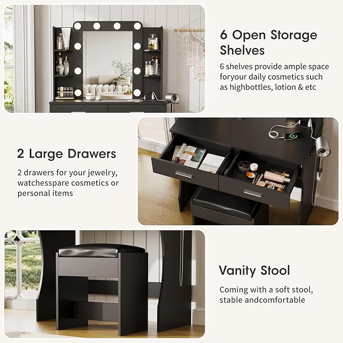 Maupvit Vanity Desk with Mirror and Lights,Makeup Vanity Table Set with Power Outlet,3 Lighting Modes & Adjustable Brightness Dressing Table with 2 Drawers for Bedroom Dressing Room,Black