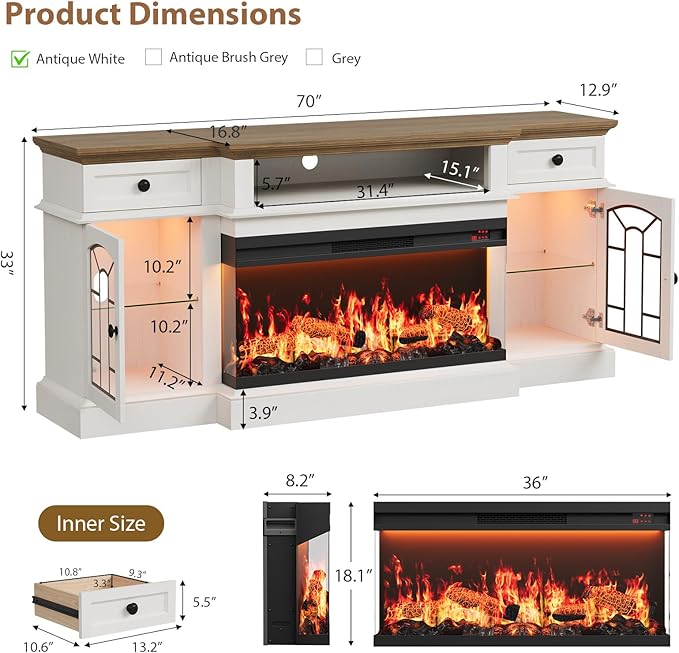 QUW 70" Farmhouse Fireplace TV Stand for TVs up to 80", Entertainment Center with 36" 3-Side Glass Electric Fireplace with Open Shelf and Cabinet, TV Console for Living Room, Antique White