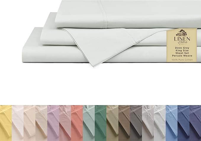 Linen Home 100% Cotton Percale Sheets King Size, Dove Grey, Deep Pocket, 4 Pieces Set - 1 Flat, 1 Deep Pocket Fitted Sheet and 2 Pillowcases, Crisp Cool and Strong Bed Linen
