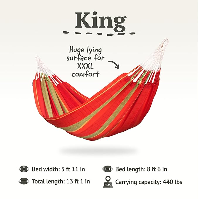 LA SIESTA Flora Classic Cotton Hammock - Extra Large, Portable, 2 Person - King, Chili