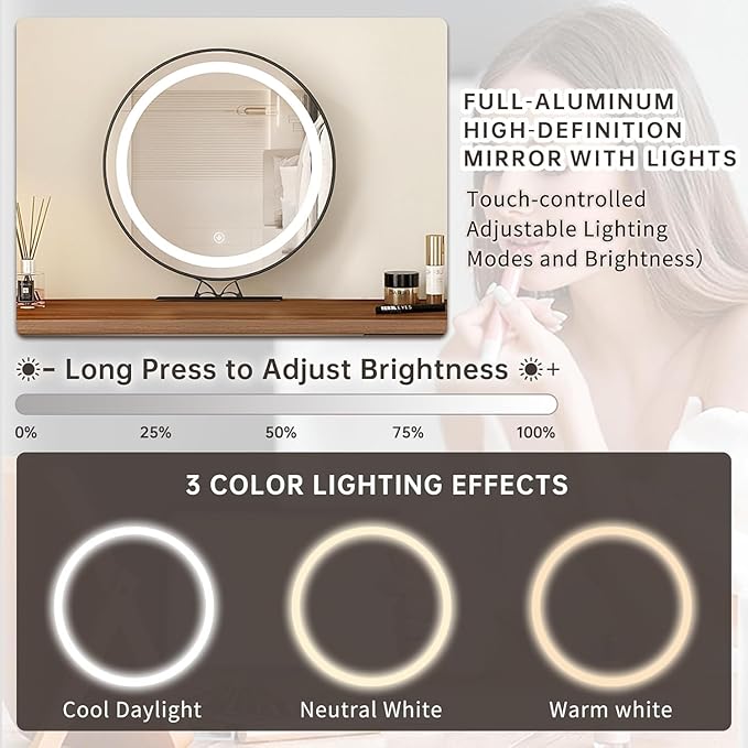 Makeup Vanity Desk with Touch Screen Mirror, 50-90 in Adjustable Sturdy Vanity Table Set with Chair, Bedroom Elegant Dressing Table for Women with 6-Drawer Rounded Corners Storage Cabinet, Brown