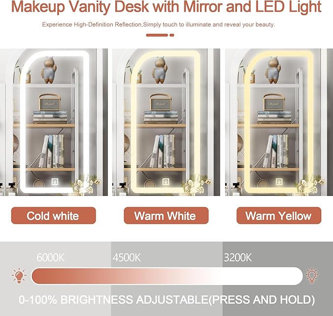 Vanity Desk with Mirror and Lights, Stylish White Desk with 3-Color Adjustable Lighting Dressing Table, Dressing Table Set for Bedroom Storage, Makeup & Hair Styling