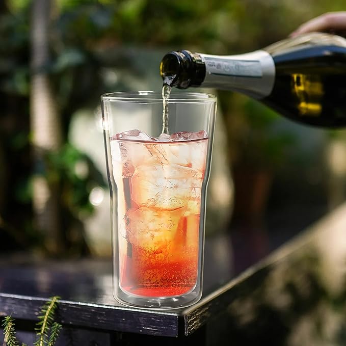 Joeyan Glass Double Walled Beer Drinking Glasses Tumbler 16 oz, Double Layer Tall Borosilicate Insulated Water Cocktail Glass Cups, Double Lined Thermo Tea Coffee Hot Beverage Glassware, Set of 2