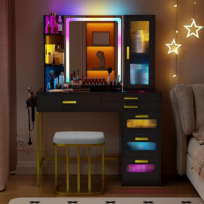 Vanity Desk with Mirror and RGB Lights，Glass top Makeup Vanity Table Set with Stool & Charging Station, Dressing Table with RGB Cabinet,6 Drawers,Lipstick Grid for Bedroom,Black
