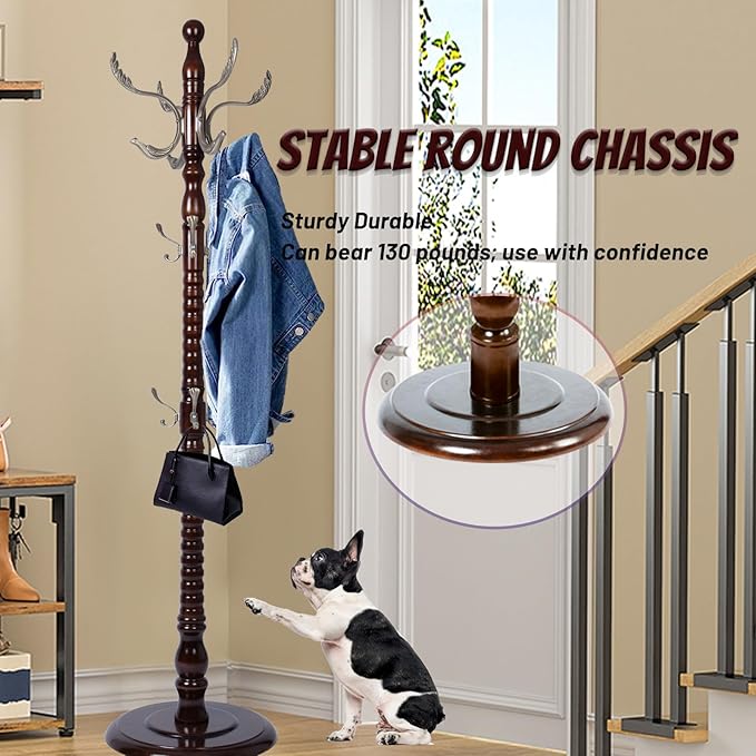 73 in Wood Coat Rack, Coat Rack Freestanding with Stable Round Base, Adjustable Height Tree Coat Racks Stand for Home Bedroom Office Hallway Entryway (Fenghuang Gou Rosewood)