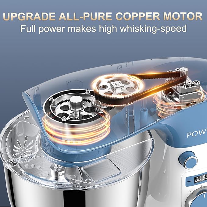 Stand Mixer, POWWA 6.5 QT 10 Speeds Tilt-Head Electric Stand Mixer, 3-In-1 Kitchen Mixer with Bowl, Dough Hook, Whisk and Beater, Food Mixer for Baking and Daily Use (White Blue)