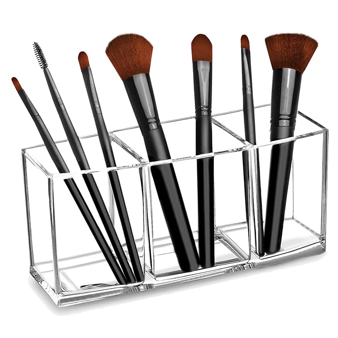 Clear Makeup Brush Organizer, Premium Acrylic Makeup Brush Holder Organizer 3 Compartments, Makeup Brush Display Holder Cosmetic Storage