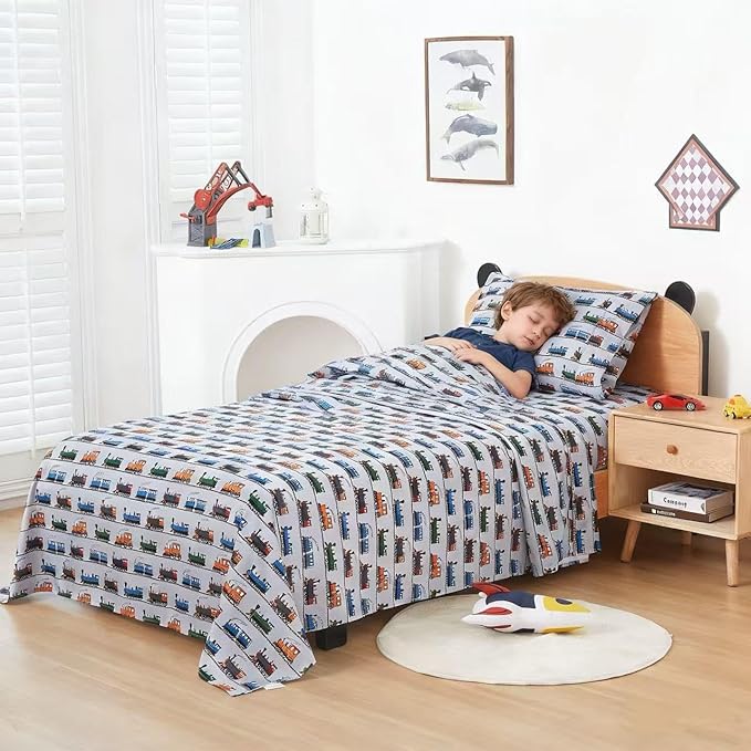 Viviland 4 Pieces Boys Grey Full Sheet Set - Soft Microfiber Fitted Flat Sheets & Pillowcases - Retro Train Print Bedding Sets- for Kids & Toddlers