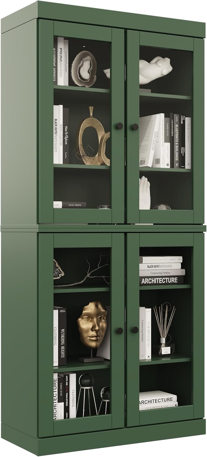 Palace Imports Solid Wood Bookcase - 6-Tier Bookshelf, 71.5” H x 32” W - Green, Clear Glass Cabinet Doors & Adjustable Shelves, Tall Bookcase, 100% Renewable Eco-Friendly Wood, Made in Brazil