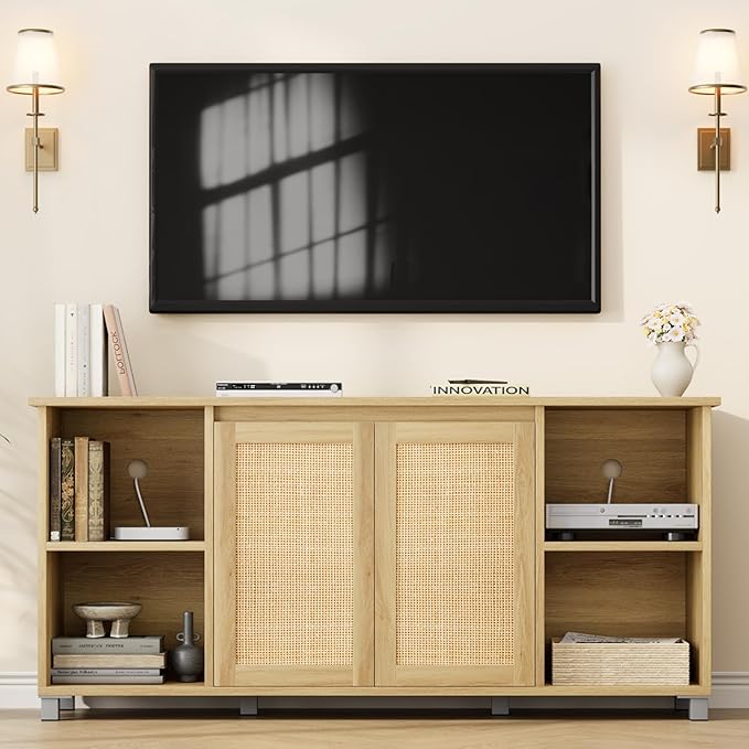 GarveeHome 70" Mid-Century Modern TV Stand - Rattan Door Entertainment Center with 2 Storage Cabinets & 3 Open Shelves, Media Console for Living Room (Natural)