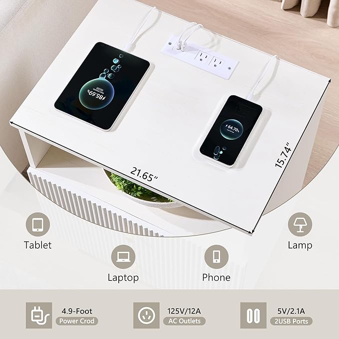 Fluted Nightstand with Charging Station, 21.65" Wide End Table with 2 Drawers, Modern Wood Bedside Table for for Bedroom, Living Room,White