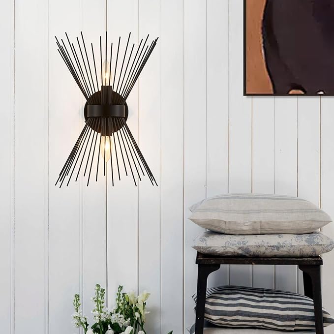 Modern Black Wall Sconces 2 Pack Vanity Light Starburst Bedside Wall Sconce Lighting Fixture Mid Century Wall Lamps for Bedroom, Hallway, Entryway, Passway, Bathroom