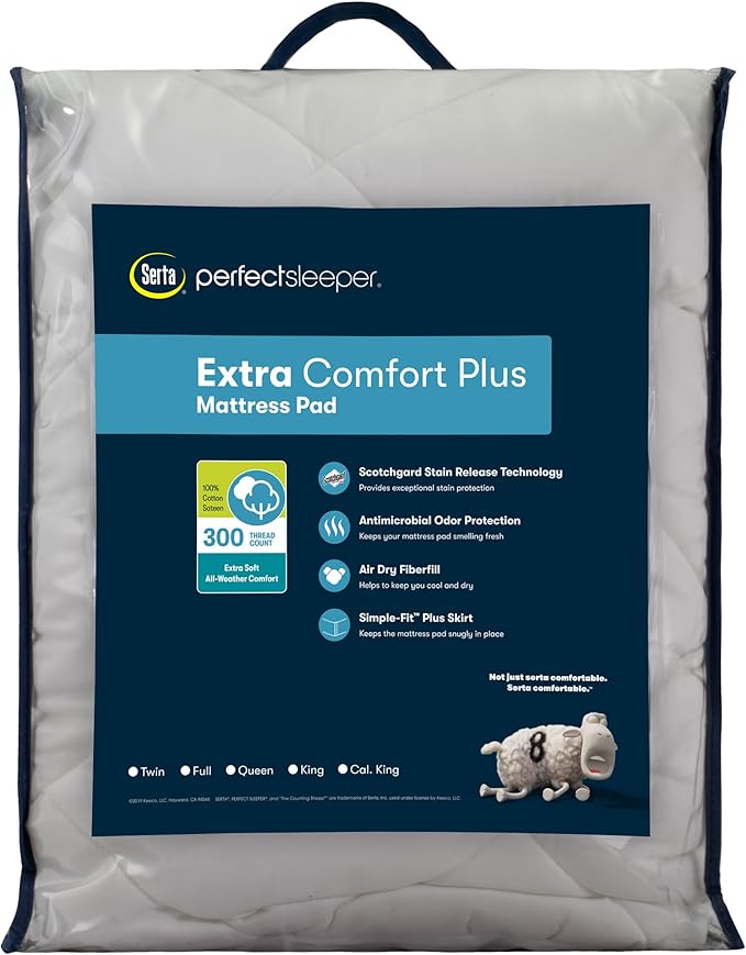 Serta Air Dry Extra Comfort Plus 100% Cotton Fabric Quilted Mattress Pad, Cooling and Breathable Mattress Cover, Moisture Wicking Protection with 18" Deep Pocket, Twin, White