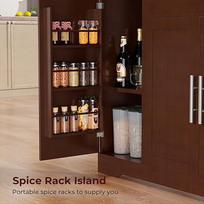 53" Long Kitchen Island with Trash Can Storage, Walnut Kitchen Cart with Garbage Bin 10 Gallon, Portable Island with Trash Can, Wood Top, Spice Rack and Drawers