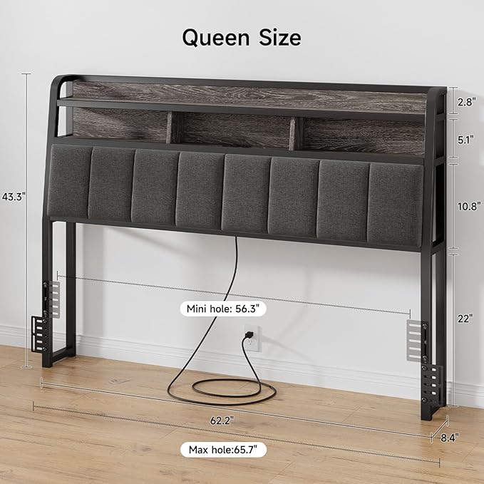 Ergonomic Headboard for Queen Size Bed with 2-Tier Storage, Upholstered Headboards with Outlets, USB Ports, LED Light, Queen Head Board Only, Height Adjustable, Sturdy and Stable, Black & Grey