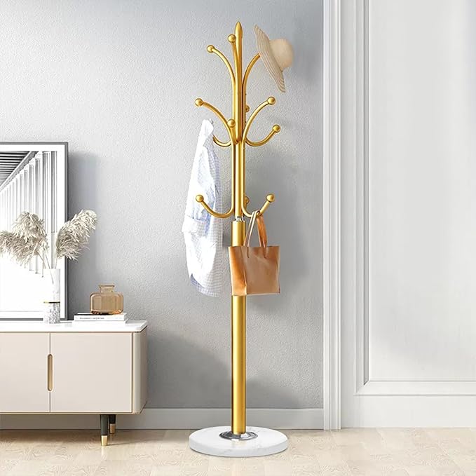 Metal Coat Rack Stand with Natural Marble Base, Coat Rack Freestanding, Free Standing Hall Tree with 12 Hooks for Hanging Clothes, Bags, Scarfs, Coat Hanger for Entryway, Hallway (Gold)