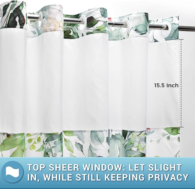 No Hook Shower Curtain with Snap in Liner - Eucalyptus Shower Curtain - Washable Waterproof Inner Liner, Plants Sage Green Leaves Modern Shower Curtains - Machine Washable, 71 x 77