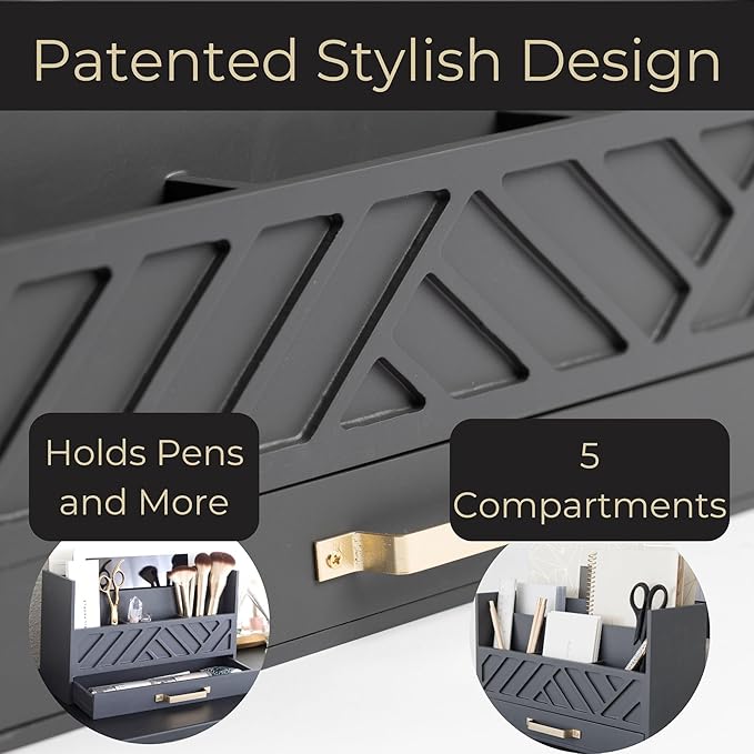 BLU MONACO Grey Wooden Desk Organizer with Drawer and Gold Handle – Perfect Desk Accessories for Home Office Organization – Desktop Mail Storage for Office Supplies