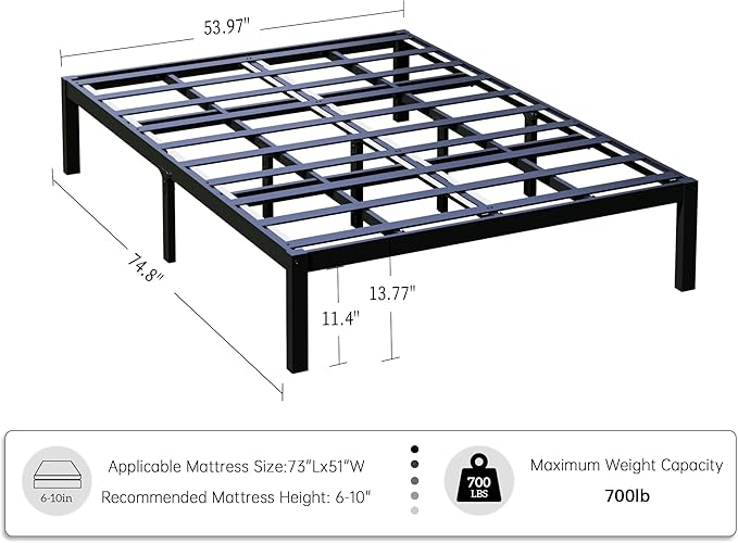 14 Inch Bamboo Bed Frame – Solid Wood Platform Bed Frame, Strong and Stable, with Non-Slip Slats for Support, No Box Spring Needed, Easy to Assemble, Noise-Free (Black, Full)