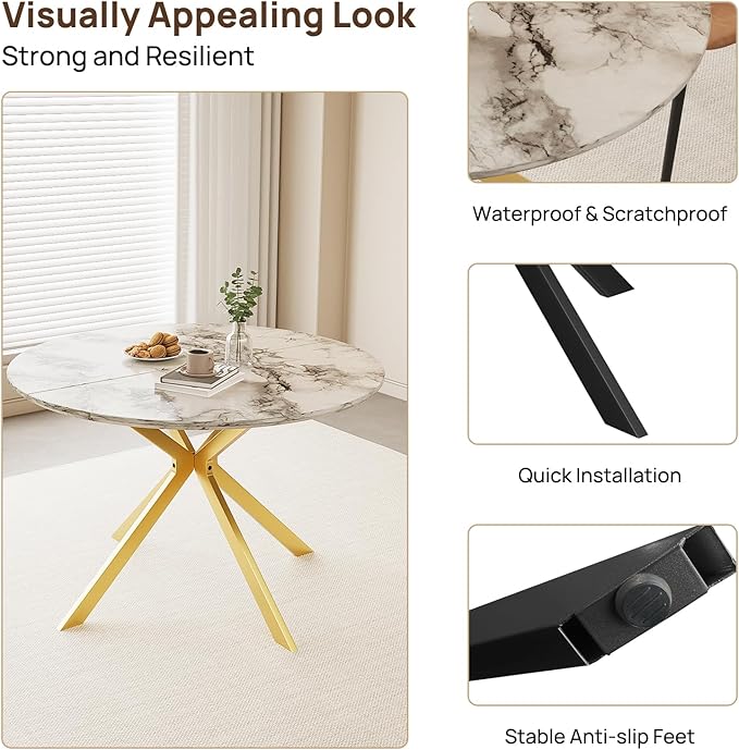 46.4" Round Dining Table Set with 4 Chairs, Modern Dining Set with Comfortable PU Leather Chairs, Sturdy MDF Table with X-Shaped Base, Easy Assembly, Ideal for Dining Room or Kitchen