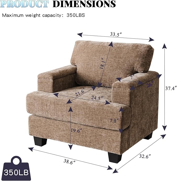 Oversized Accent Chair with Armrest Storage,38”W Big Armchair with 7.8'' Thick Cushion,Deep Seat,Large Comfy Reading Chair, Living Room Chairs,Sofa Chair for Bedroom,Chenille,Brown