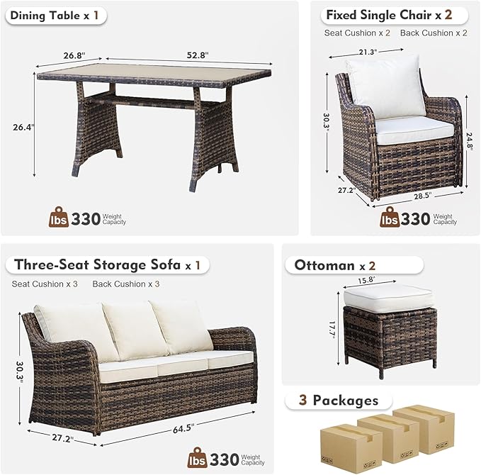 6 Pieces Outdoor Patio Furniture Set, Wicker Patio Conversation Set, Patio Sectional Furniture Set with 2 Single Chair and Sofa, 2 Ottomans and Dining Table (Brown)