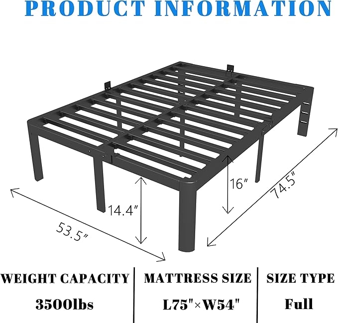 Full Size Bed Frame 16 Inch, Black Full Bed Frame with Anti-Slip Baffles, No Box Spring Needed, Heavy Duty Steel Platform Supprt, Rounded Corner Legs, Reserved Holes, Noiseless, Storage Space