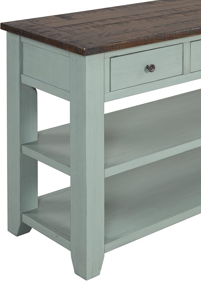 Knocbel Farmhouse Entryway Long Console Table with 3 Storage Drawers and Bottom Open Shelves, Entry Hallway Foyer Sofa Table with Handles, Retro Blue and Brown (Green and Brown)