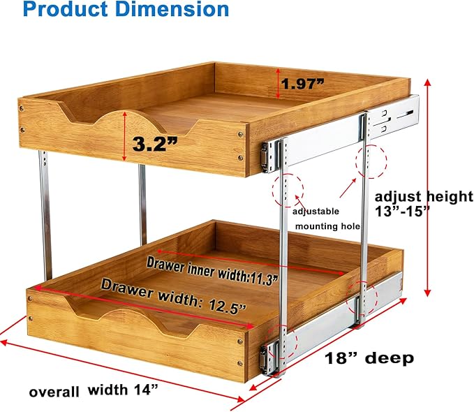 DINDON 2 Tier Pull Out Cabinet Organizer (14" W x 18" D) Slide Out Wood Drawer, Two Tier Sliding Shelf Organization and Storage…