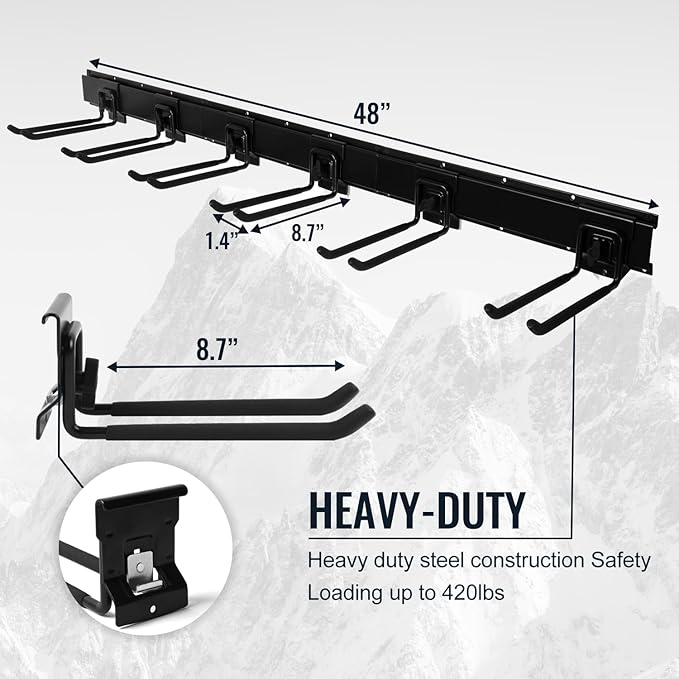 Clamping Garage Wall Organizers, 48inch Wall Mount Folding Chair Rack, Heavy Duty Garage Tool Organization, Shovel Hangers Yard Tool Hook, Hold Up to 420lbs (48Inch Black)