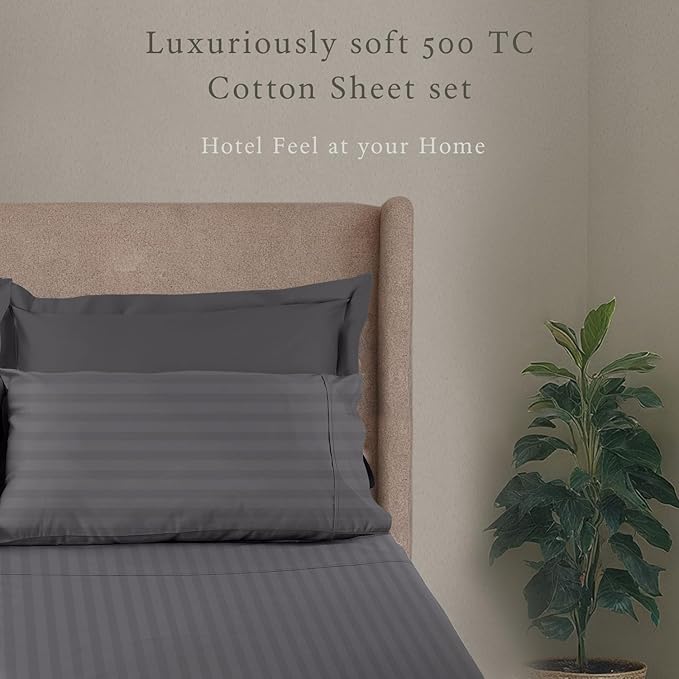 Threadmill 500 Thread Count Twin-XL Size Damask Stripe, 3 Pc Luxury Cotton Bed Sheet Set, Breathable Dark Grey Sheets with 15" Elasticized Deep Pocket, 1 Pillowcase & Free Tote Bag