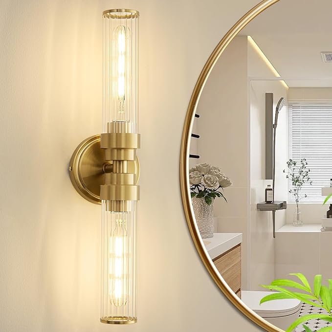 Bathroom Light Fixtures, Gold Wall Sconce in Threaded Glass Vanity Lights 2 Pack, Modern Bathroom Vanity Light Up and Down Sconces Wall Lighting for Bathroom, Living Room - Bulb Not Included