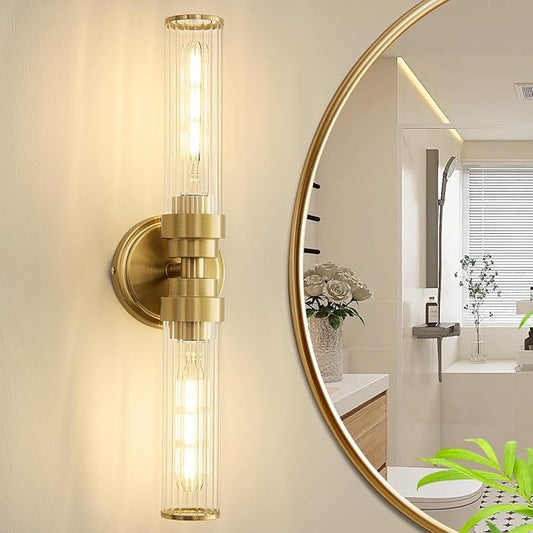 Bathroom Light Fixtures, Gold Wall Sconce in Threaded Glass Indoor Vanity Lights, Modern Bathroom Vanity Light Up and Down Sconces Wall Lighting for Bathroom, Living Room - Bulb Not Included