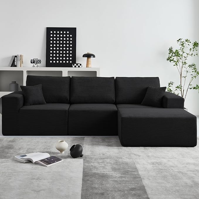 INGEROOM 108" Cloud Sectional Couch, Modular Sectional Sofa with L-Shaped Chaise, Modern Plush Corduroy Couch for Living Room Bedroom（Black）