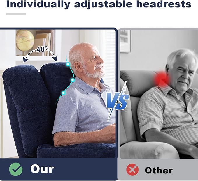 Triple Motor Power Lift Recliner Chair with Massage and Dual Heat for Elderly People, Zero Gravity Lay Flat Recliner Infinite Position, USB Ports（Navy Blue）