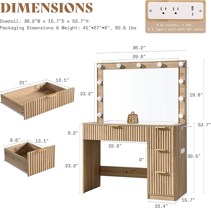 AMERLIFE 36.2" Fluted Vanity Desk with Large Mirror and Adjustable LED Lights, 4 Drawers Makeup Table with Glass Top and Charging Station for Women and Girls, Bedroom or Dorm, Oak