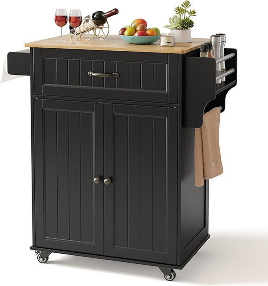 Gizoon Kitchen Island Cart with Rubberwood Top, 33" W Rolling Kitchen Island on Wheels with Adjustable Shelf, Drawer, Spice Rack, Towel Bar, Mobile Storage Cabinet for Dining Room, Home Bar, Black