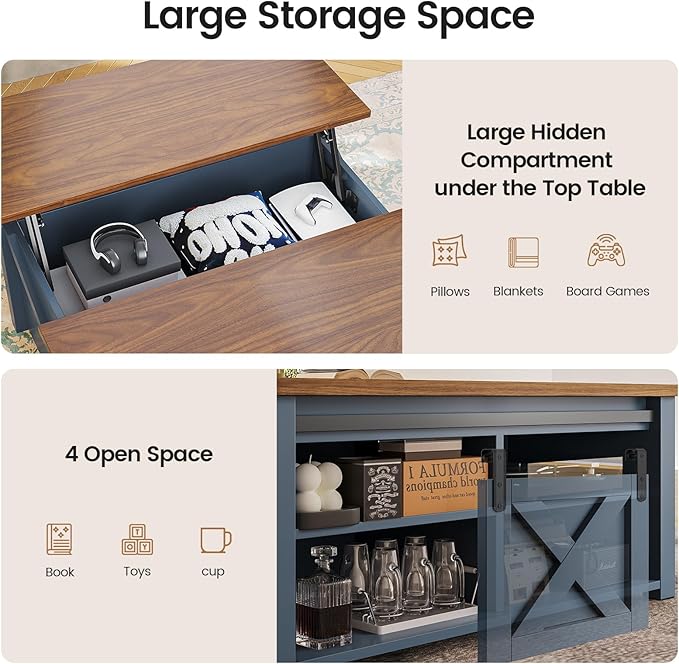 SEDETA 31.5" Lift Top Coffee Table with Storage, Square Coffee Tables for Living Room, Farmhouse Coffee Table with Large Hidden Storage Compartment and Adjustable Shelves, Blue