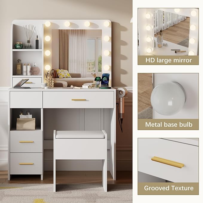 Vanity Desk with Mirror and Lights, 3 Adjustable Lighting Makeup Vanity Desk with 3 Storage Shelves, 5 Large Drawers and Power Outlet, Vanity with Chair for Bedroom, White